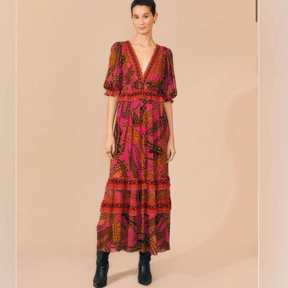 FARM Rio Pink Purple Geometric V-Neck Ruffle Georgette Maxi Dress Sleeve Size XL